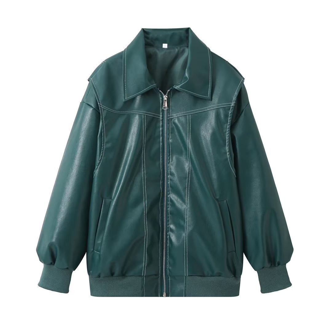 Women's Moto Biker Leather Jacket – Loose Fit, Lapel Collar, Zip-Up, Long Sleeve - 3KDyn